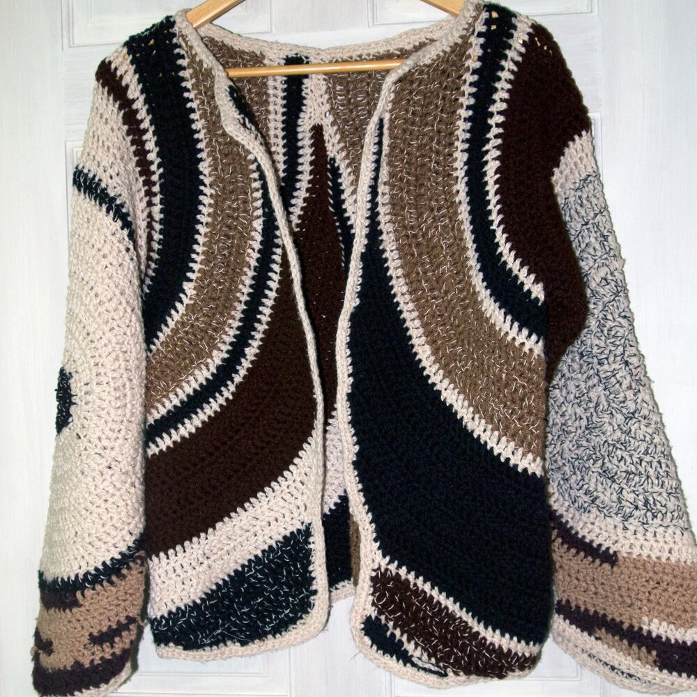 Crochet Cardigan Handmade Open Front Brown Cream Black Multicolor Size Small